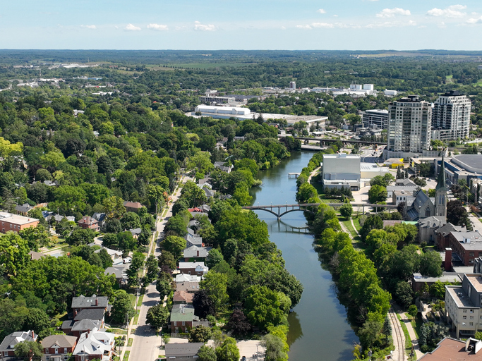 Aerial townscape Guelph Ontario, Canada